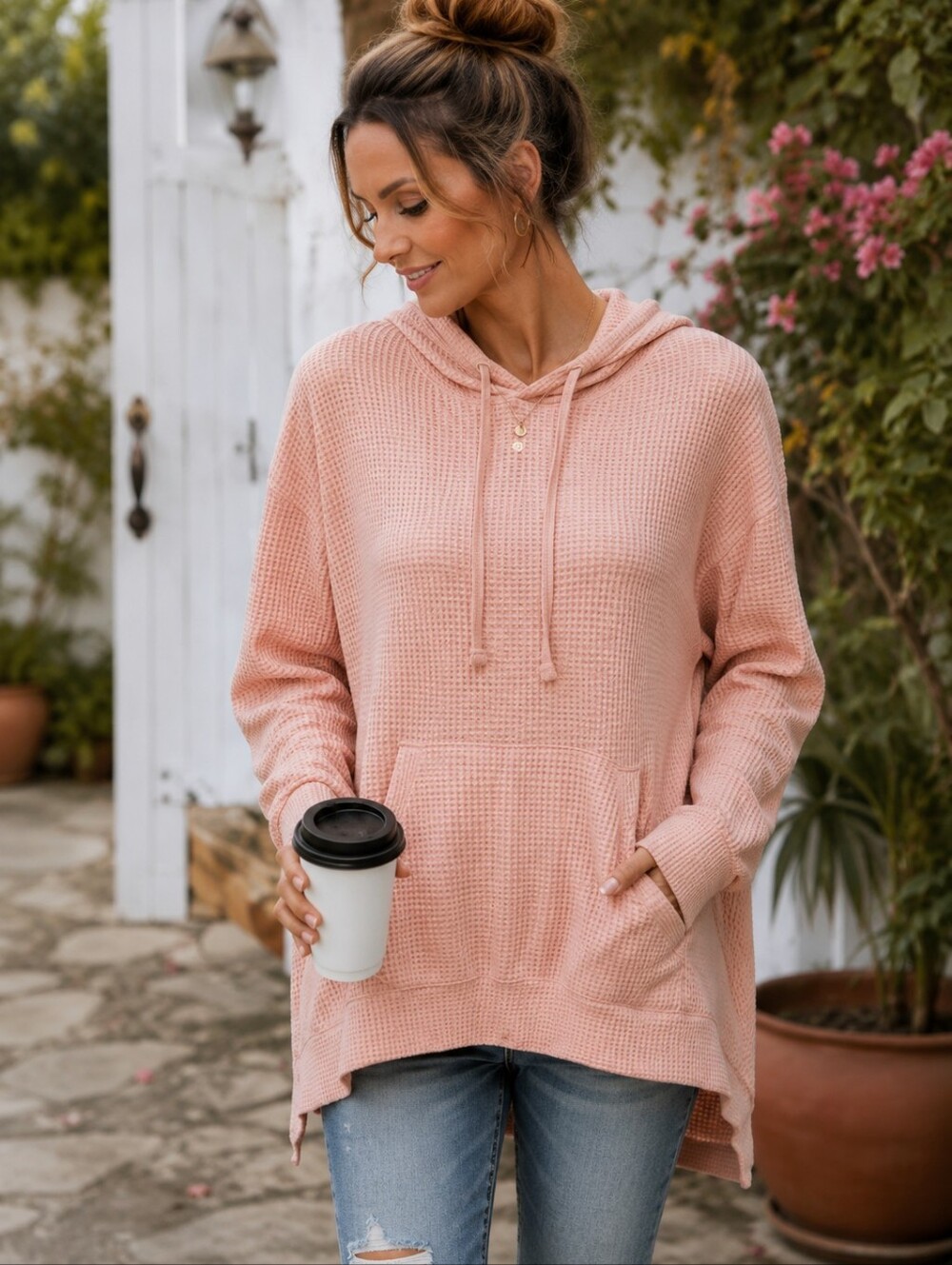 Weatherproof Vintage XXL Peach Gingham Waffle Knit Hoodie Tunic Pullover